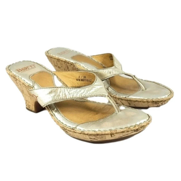 Born Leather Gold Thong Cork Wedge Cushioned Sandals Size  39 / 8 - Picture 1 of 13